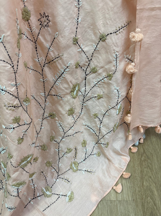 Peach Dupatta with Thread Work and Cotton Ball Borde