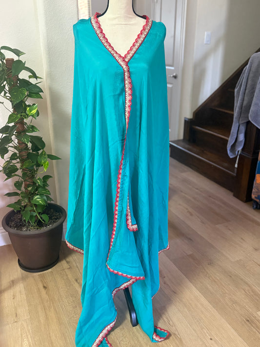 Elegant Turquoise Dupatta with Red and Gold Embellished Border