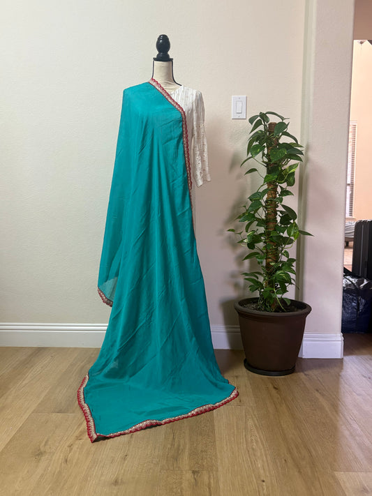 Elegant Turquoise Dupatta with Red and Gold Embellished Border