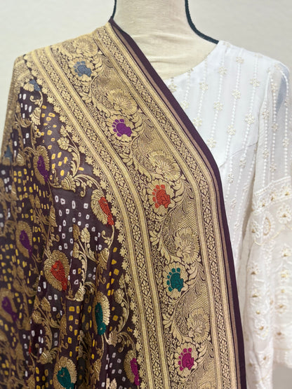 Greyish blue Banarasi Georgette Bandhani Dupatta with Meenakari Work