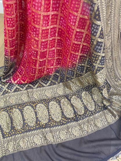 Grey-Pink Ombre Banarasi Georgette Bandhani Dupatta with Meenakari Work