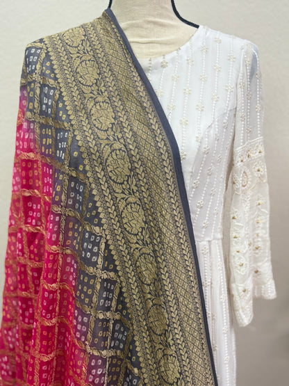Grey-Pink Ombre Banarasi Georgette Bandhani Dupatta with Meenakari Work