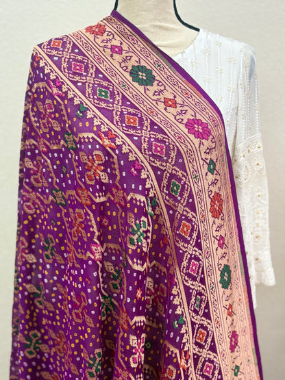 Purple Banarasi Georgette Bandhani Dupatta with Meenakari Work