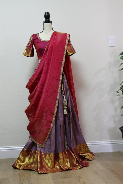 Lavender Kanchi Brocade Lehenga with Maroon Mugam Work & Maroon Falling Dupatta
