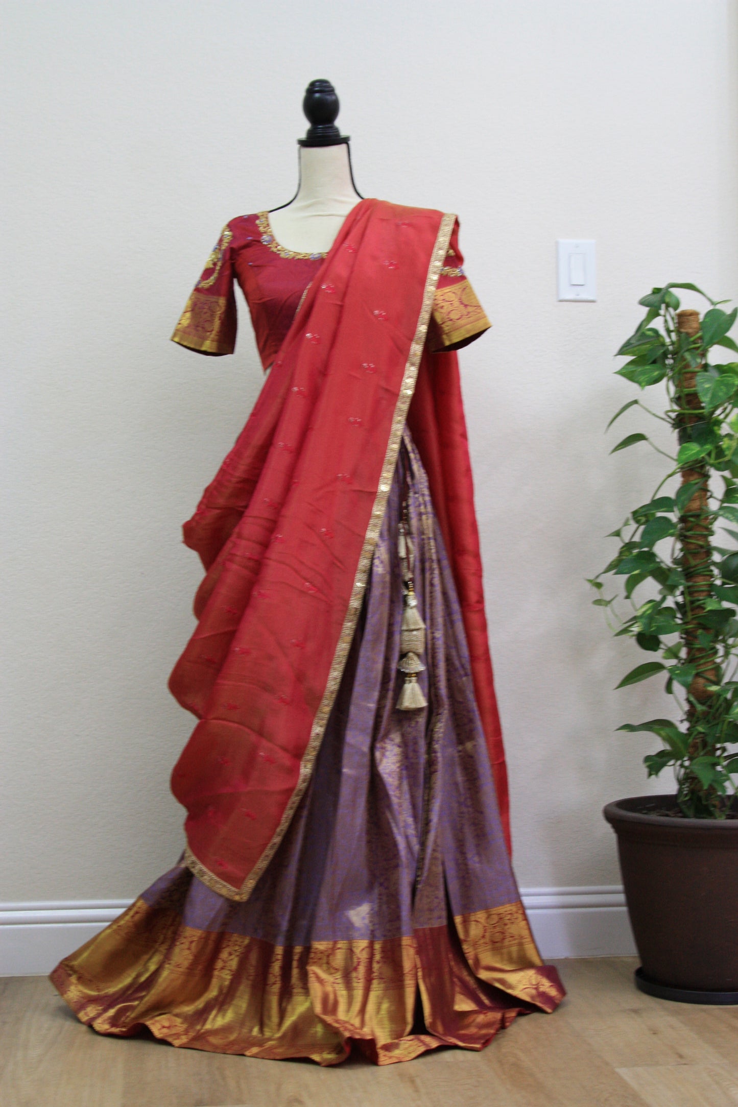 Lavender Kanchi Brocade Lehenga with Maroon Mugam Work & Maroon Falling Dupatta