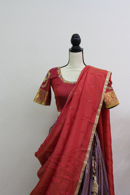 Lavender Kanchi Brocade Lehenga with Maroon Mugam Work & Maroon Falling Dupatta