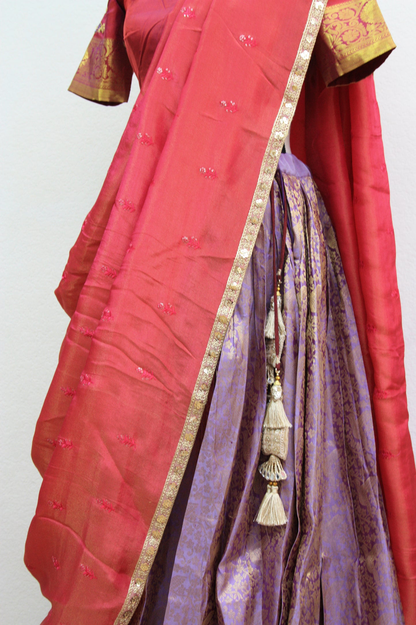 Lavender Kanchi Brocade Lehenga with Maroon Mugam Work & Maroon Falling Dupatta