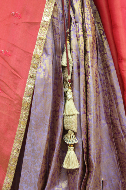 Lavender Kanchi Brocade Lehenga with Maroon Mugam Work & Maroon Falling Dupatta
