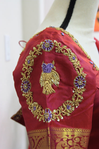 Lavender Kanchi Brocade Lehenga with Maroon Mugam Work & Maroon Falling Dupatta