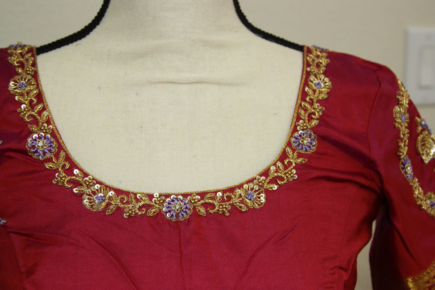 Lavender Kanchi Brocade Lehenga with Maroon Mugam Work & Maroon Falling Dupatta