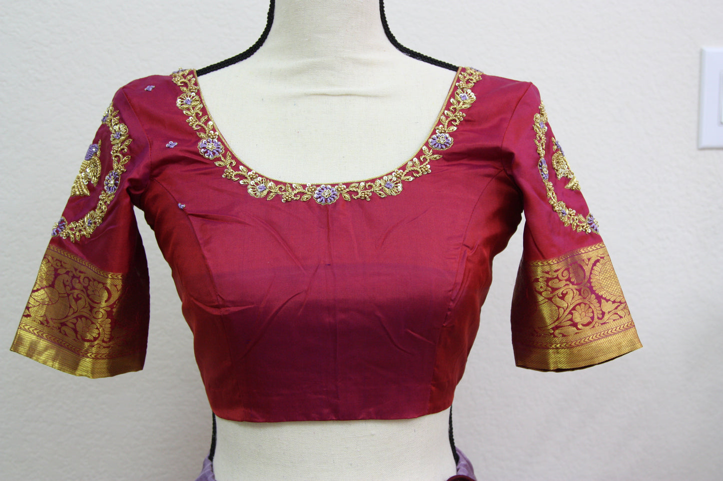 Lavender Kanchi Brocade Lehenga with Maroon Mugam Work & Maroon Falling Dupatta