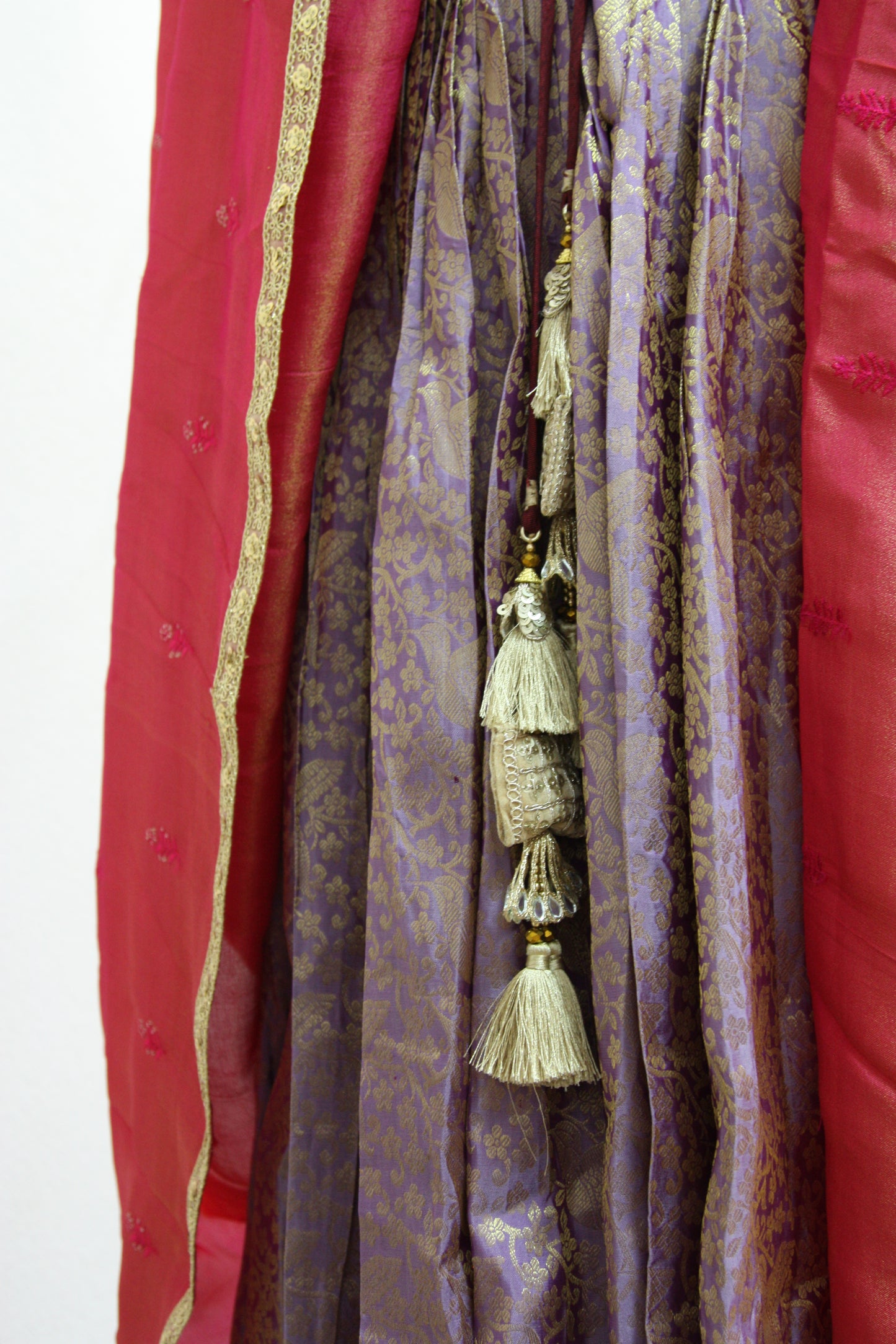 Lavender Kanchi Brocade Lehenga with Maroon Mugam Work & Maroon Falling Dupatta