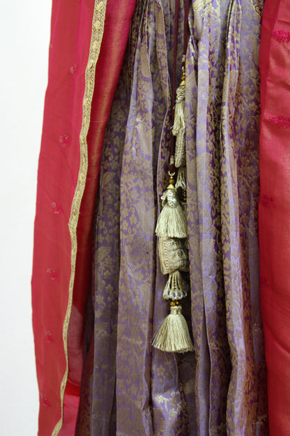 Lavender Kanchi Brocade Lehenga with Maroon Mugam Work & Maroon Falling Dupatta