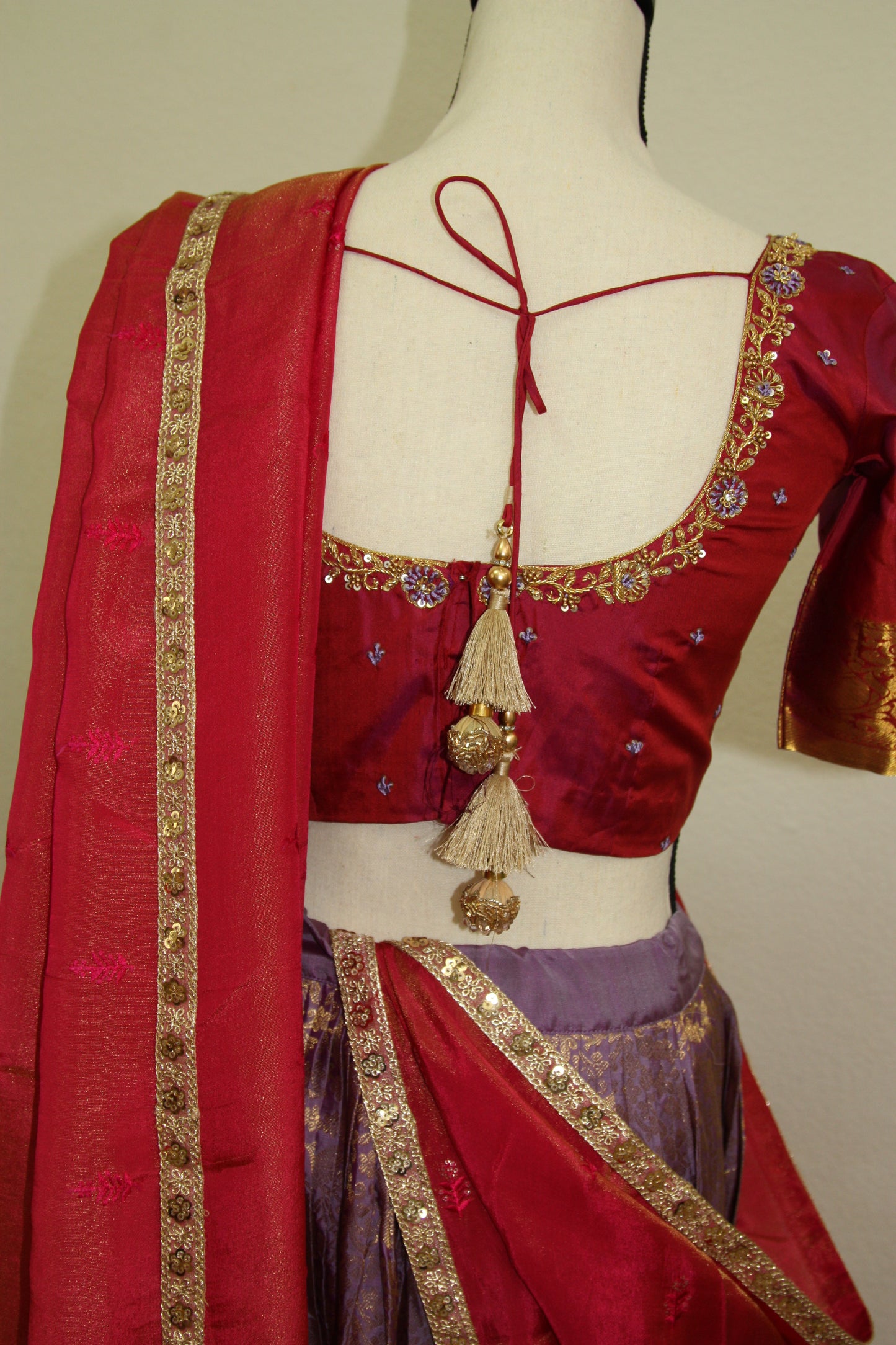 Lavender Kanchi Brocade Lehenga with Maroon Mugam Work & Maroon Falling Dupatta