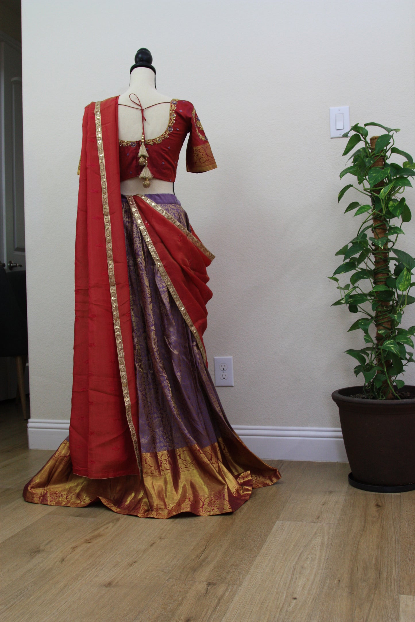 Lavender Kanchi Brocade Lehenga with Maroon Mugam Work & Maroon Falling Dupatta