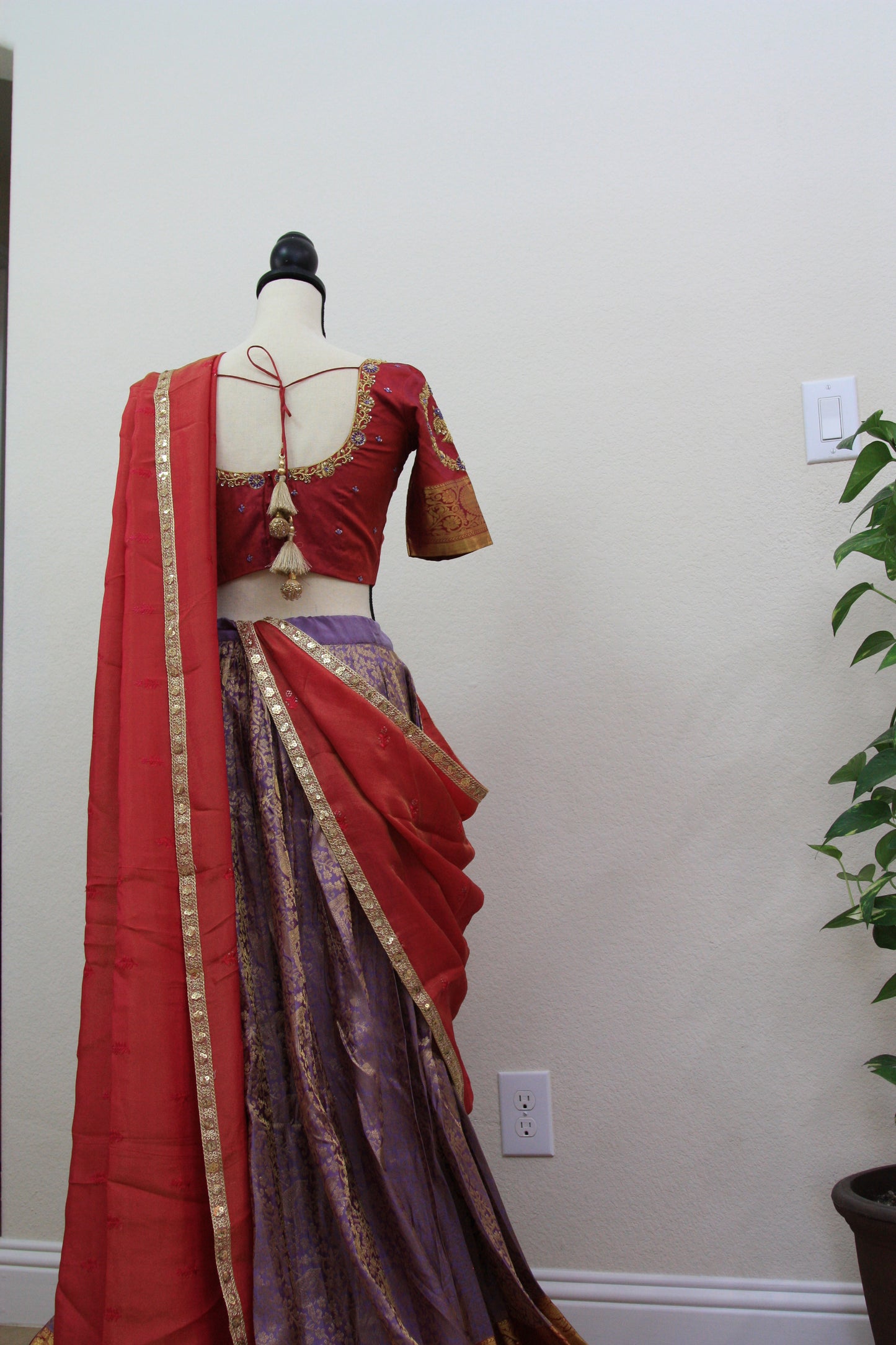 Lavender Kanchi Brocade Lehenga with Maroon Mugam Work & Maroon Falling Dupatta