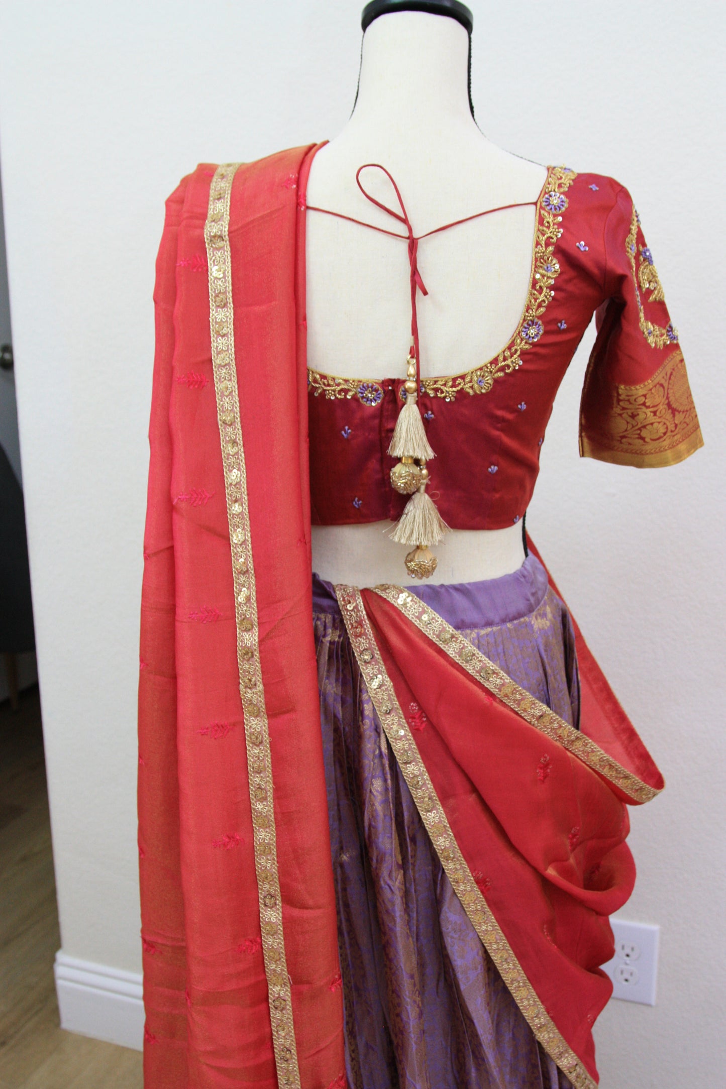Lavender Kanchi Brocade Lehenga with Maroon Mugam Work & Maroon Falling Dupatta