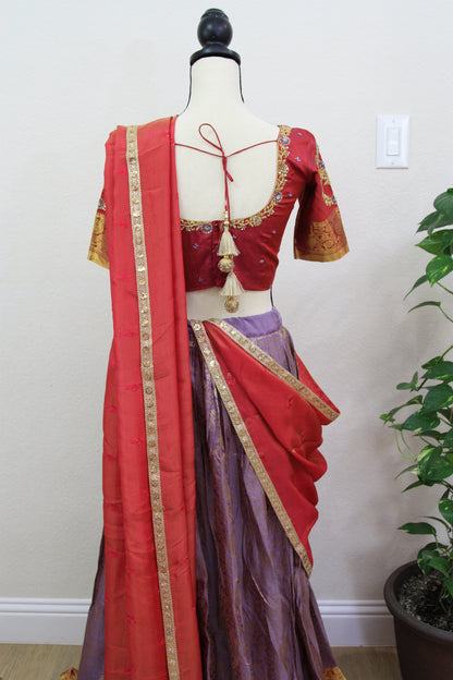 Lavender Kanchi Brocade Lehenga with Maroon Mugam Work & Maroon Falling Dupatta