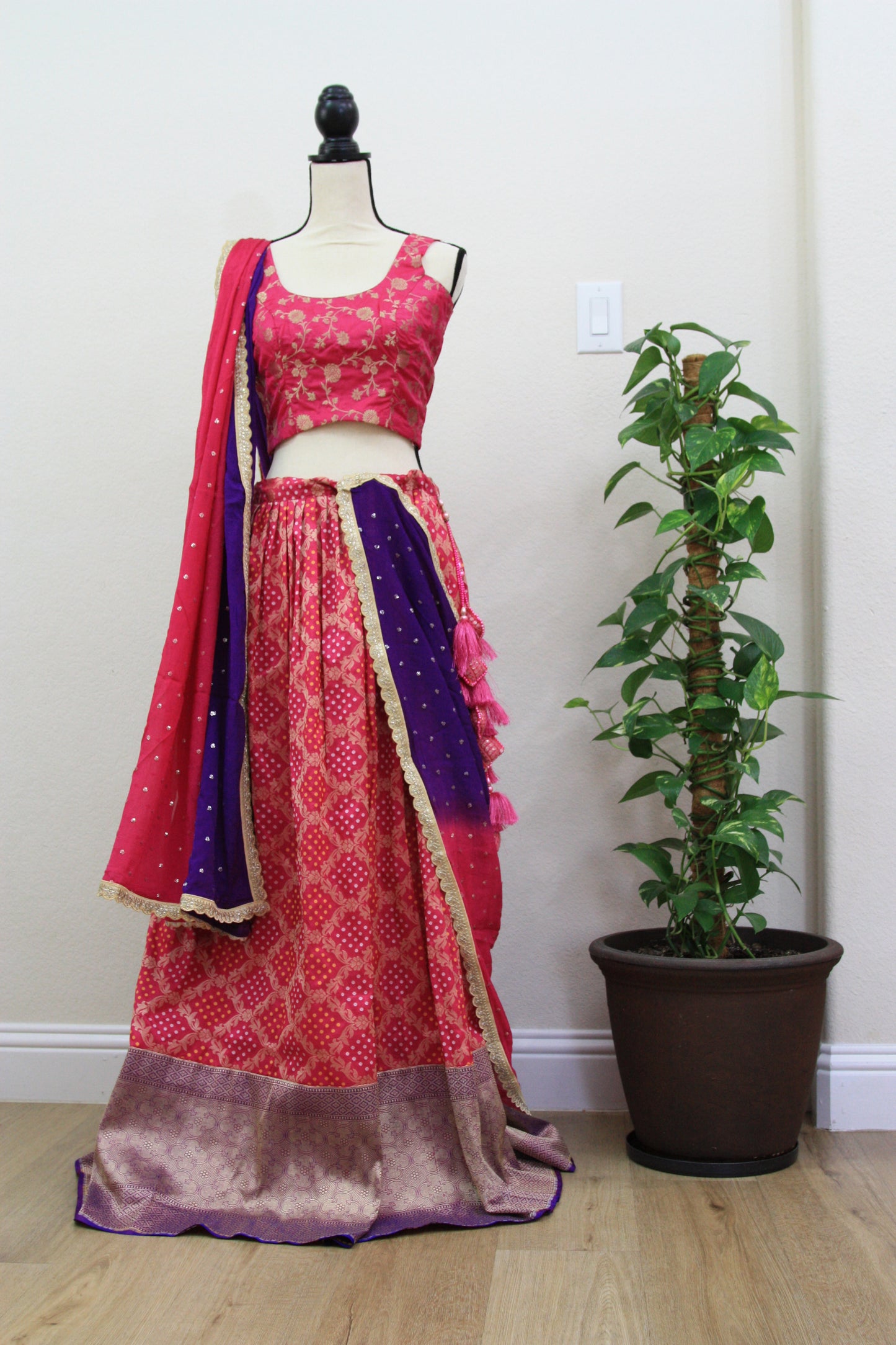Dark Pink Banarasi Tussar Lehenga with Floral gold over Prints & Ombre Dupatta