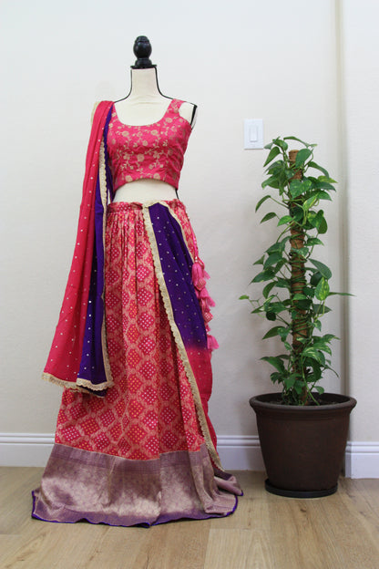 Dark Pink Banarasi Tussar Lehenga with Floral gold over Prints & Ombre Dupatta