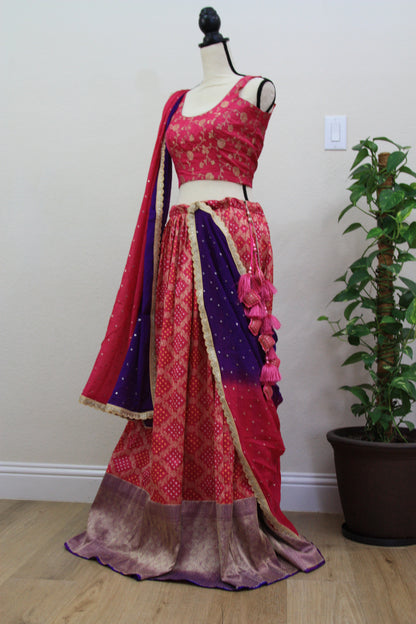 Dark Pink Banarasi Tussar Lehenga with Floral gold over Prints & Ombre Dupatta