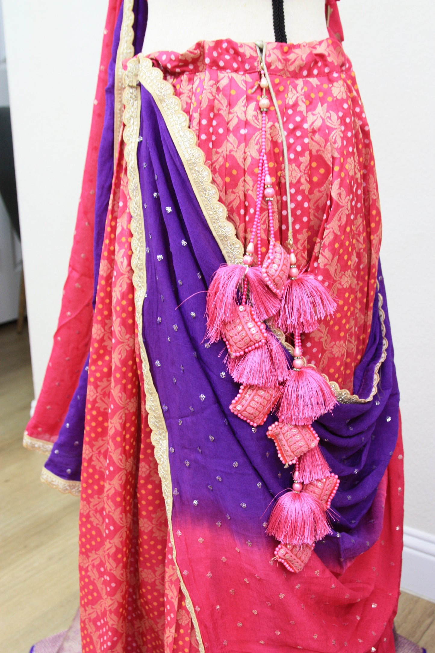 Dark Pink Banarasi Tussar Lehenga with Floral gold over Prints & Ombre Dupatta