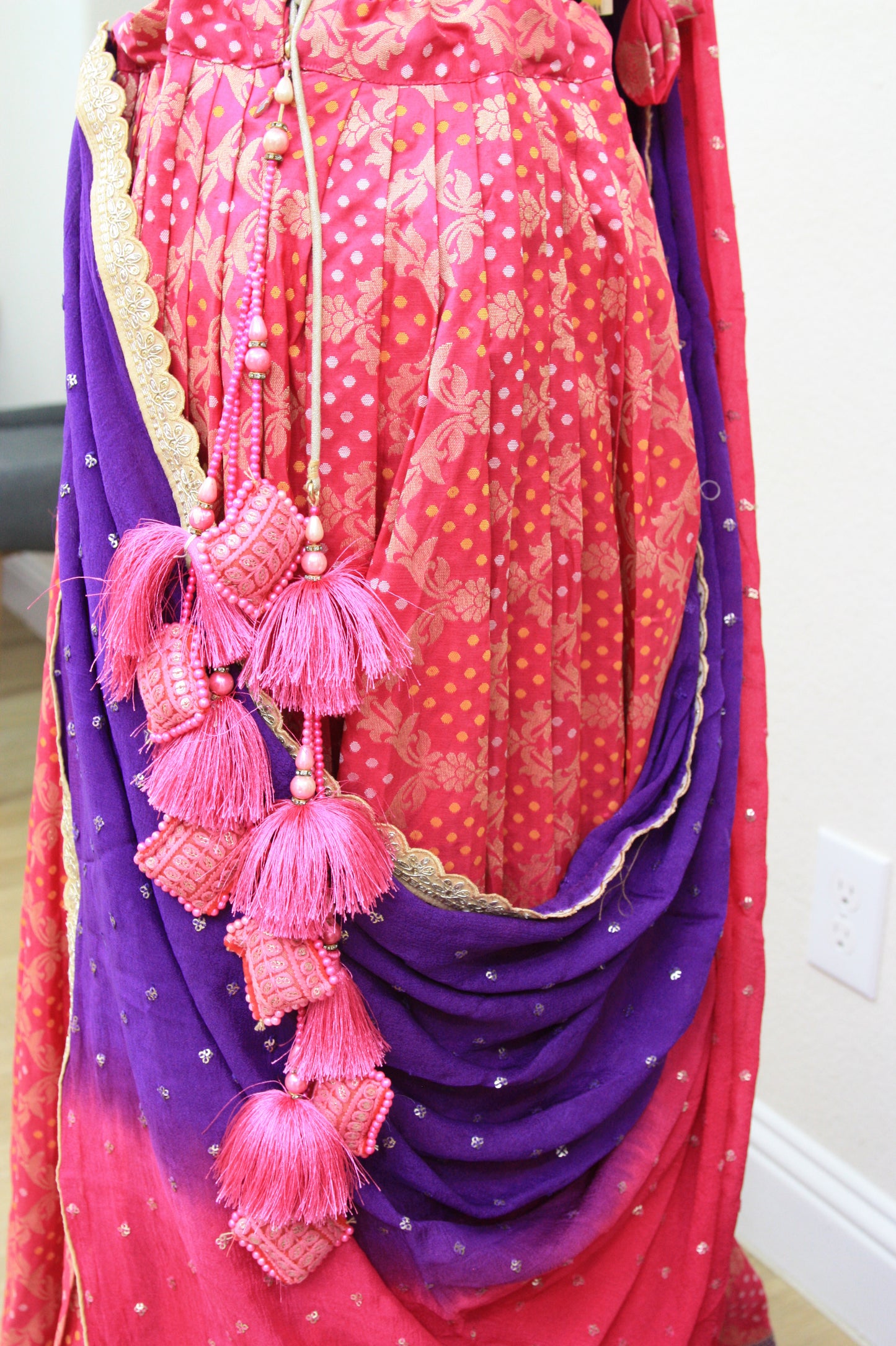 Dark Pink Banarasi Tussar Lehenga with Floral gold over Prints & Ombre Dupatta