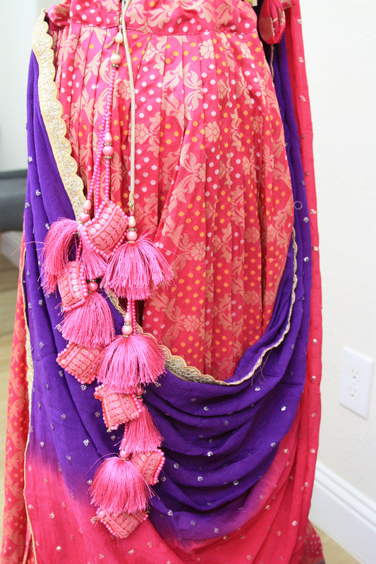 Dark Pink Banarasi Tussar Lehenga with Floral gold over Prints & Ombre Dupatta