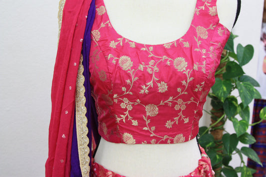 Dark Pink Banarasi Tussar Lehenga with Floral gold over Prints & Ombre Dupatta