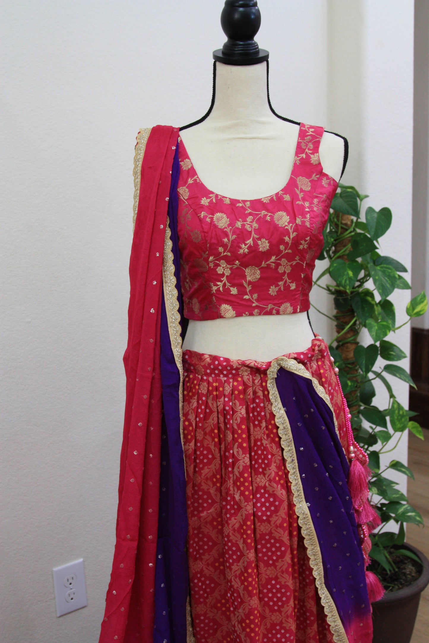 Dark Pink Banarasi Tussar Lehenga with Floral gold over Prints & Ombre Dupatta