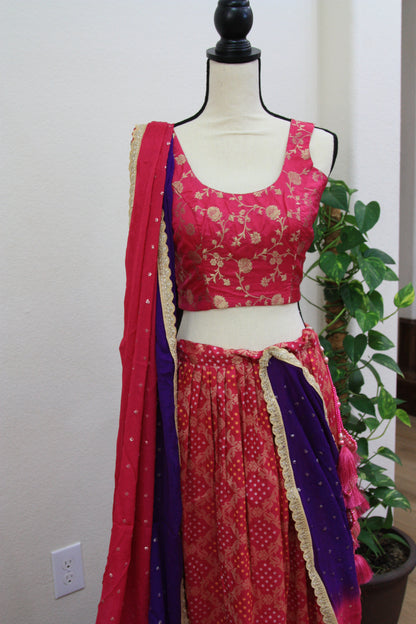 Dark Pink Banarasi Tussar Lehenga with Floral gold over Prints & Ombre Dupatta
