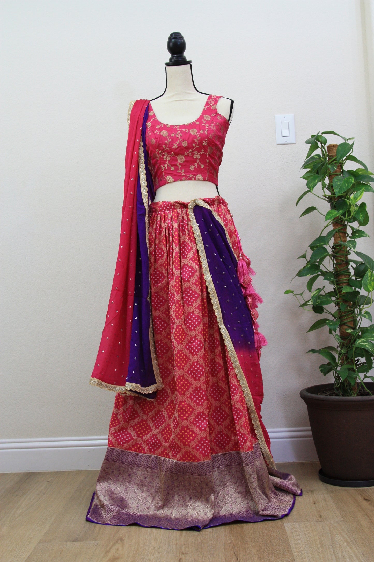 Dark Pink Banarasi Tussar Lehenga with Floral gold over Prints & Ombre Dupatta