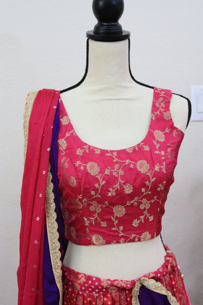 Dark Pink Banarasi Tussar Lehenga with Floral gold over Prints & Ombre Dupatta