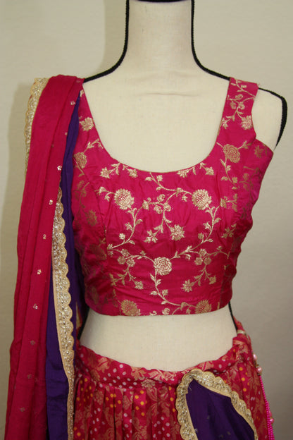 Dark Pink Banarasi Tussar Lehenga with Floral gold over Prints & Ombre Dupatta