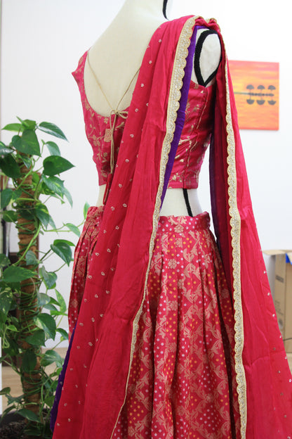 Dark Pink Banarasi Tussar Lehenga with Floral gold over Prints & Ombre Dupatta