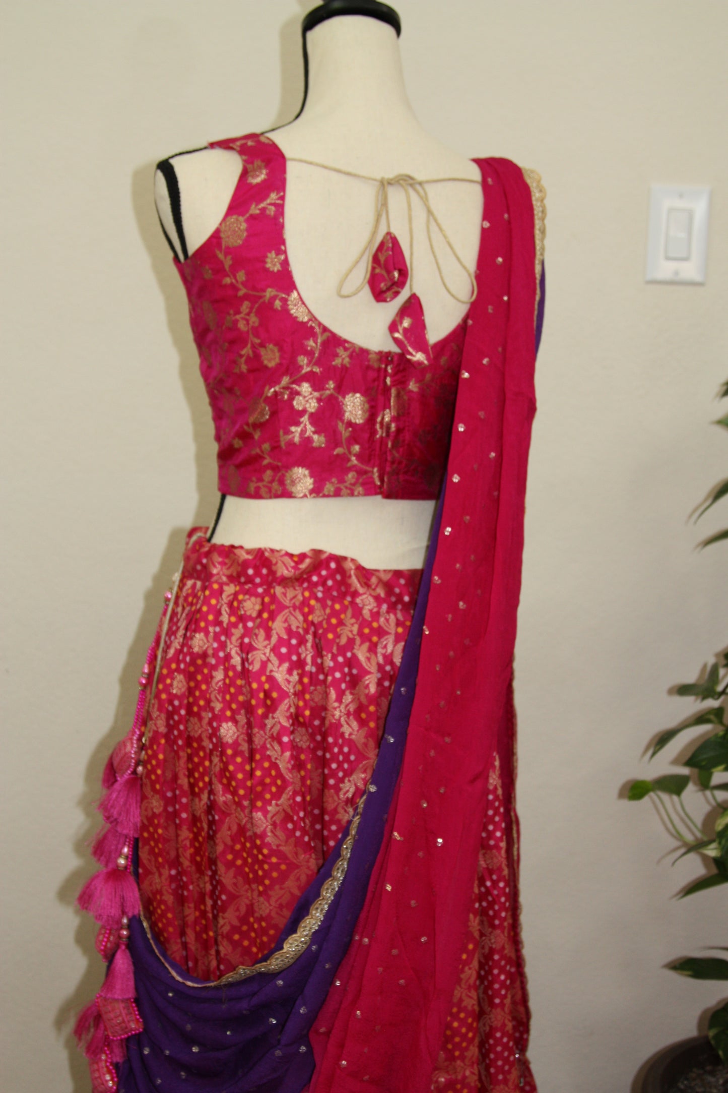 Dark Pink Banarasi Tussar Lehenga with Floral gold over Prints & Ombre Dupatta