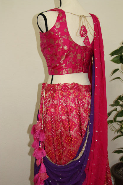 Dark Pink Banarasi Tussar Lehenga with Floral gold over Prints & Ombre Dupatta