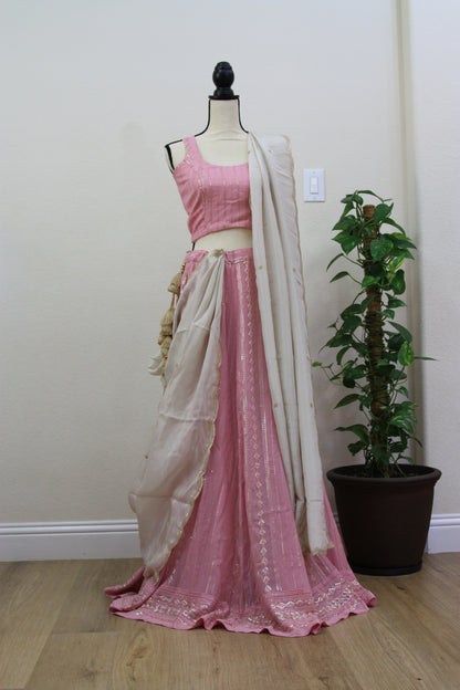 Light pink Chikankari Lehenga with Sequin Work & Cream Tissue Dupatta