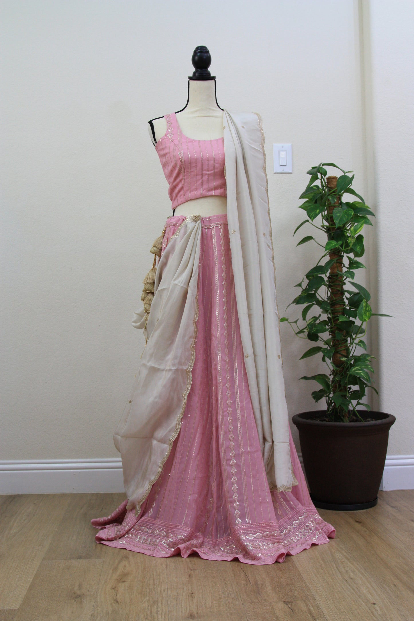 Light pink Chikankari Lehenga with Sequin Work & Cream Tissue Dupatta