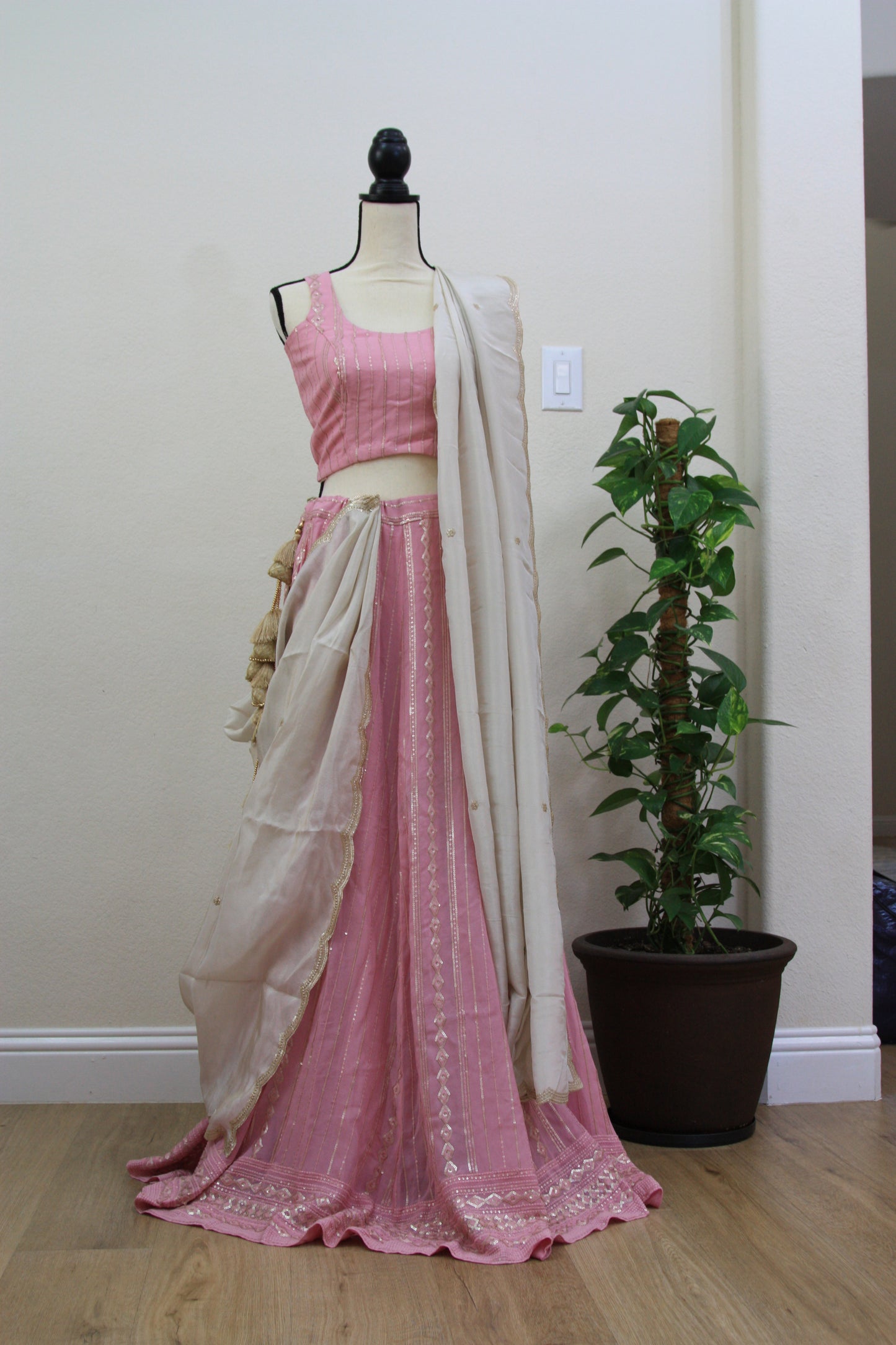 Light pink Chikankari Lehenga with Sequin Work & Cream Tissue Dupatta