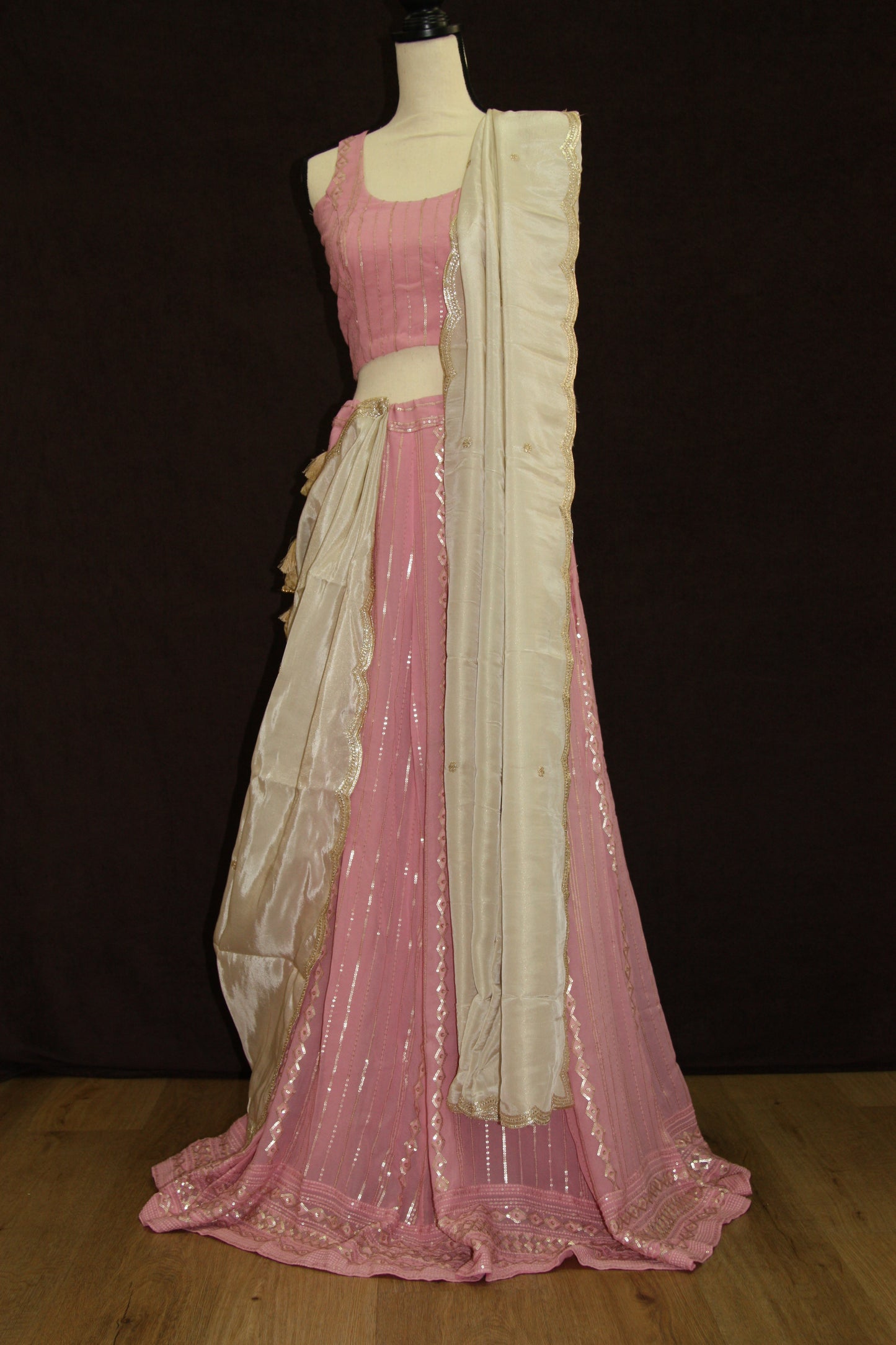Light pink Chikankari Lehenga with Sequin Work & Cream Tissue Dupatta
