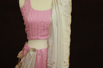 Light pink Chikankari Lehenga with Sequin Work & Cream Tissue Dupatta