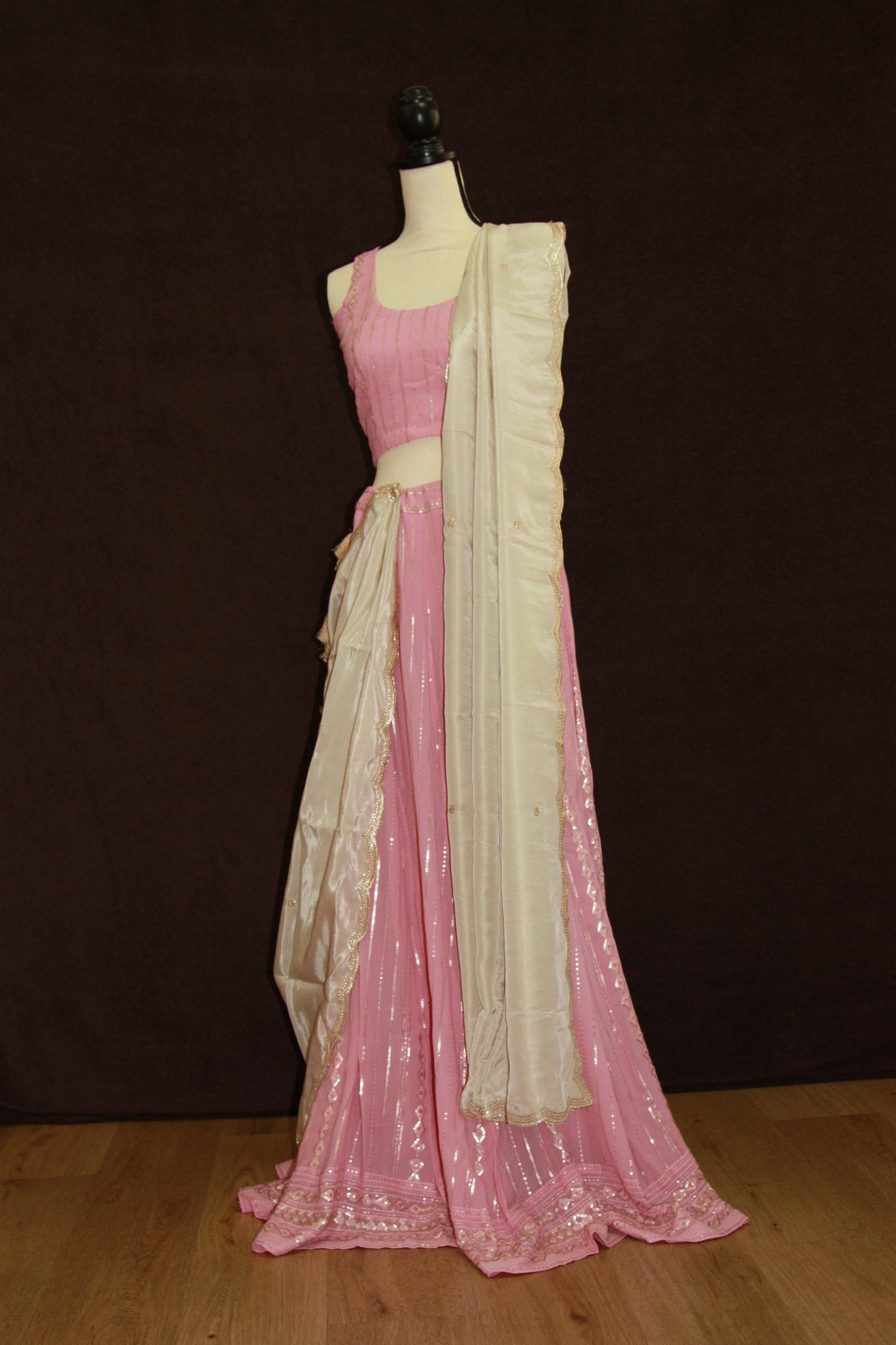 Light pink Chikankari Lehenga with Sequin Work & Cream Tissue Dupatta