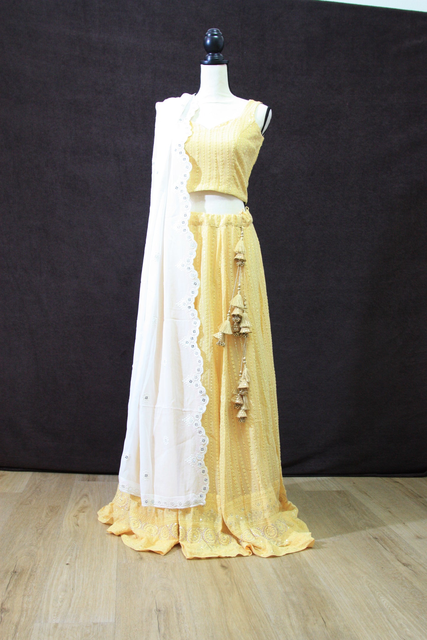 Sunny Yellow Embroidered Lehenga with White Dupatta