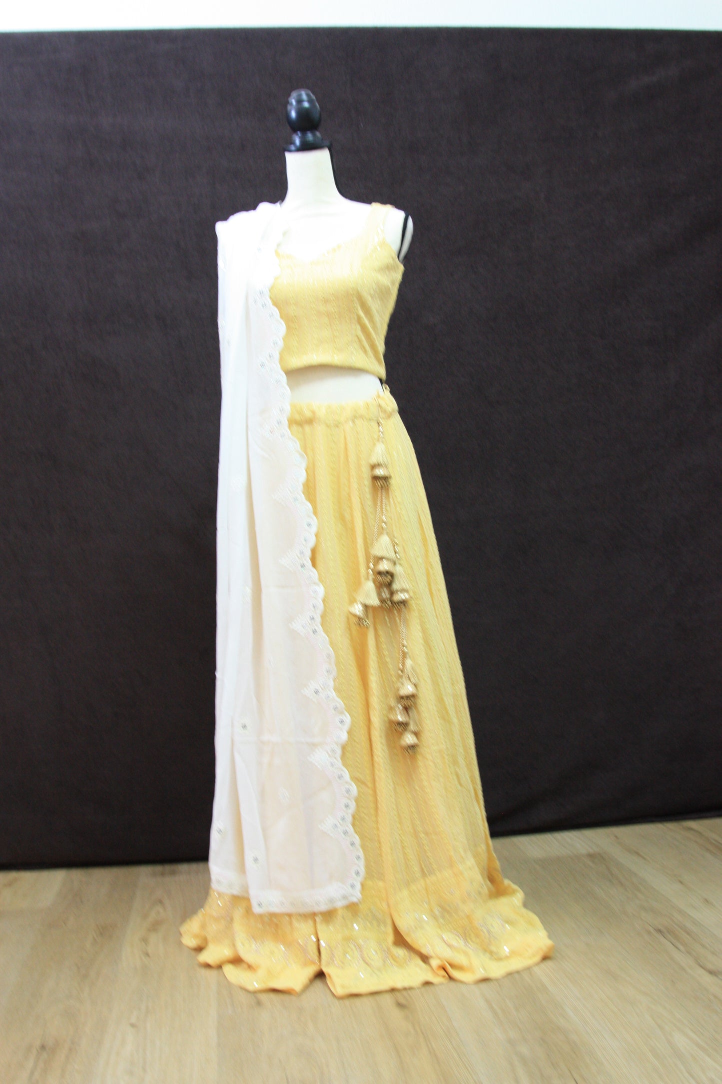 Sunny Yellow Embroidered Lehenga with White Dupatta