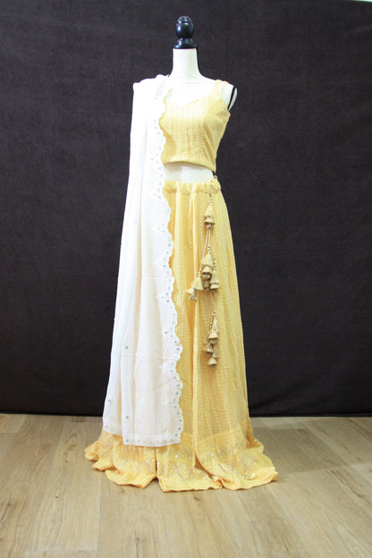 Sunny Yellow Embroidered Lehenga with White Dupatta