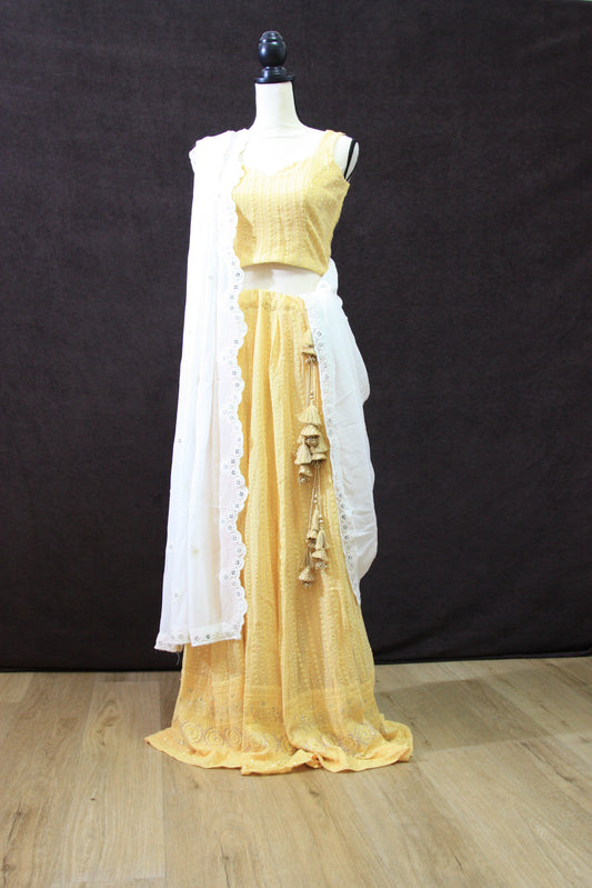 Sunny Yellow Embroidered Lehenga with White Dupatta