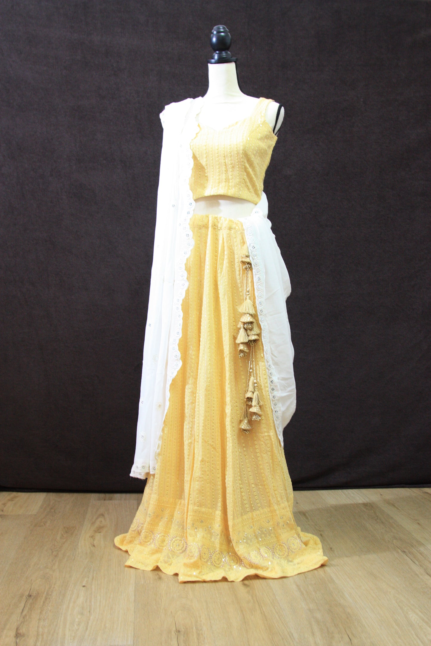 Sunny Yellow Embroidered Lehenga with White Dupatta