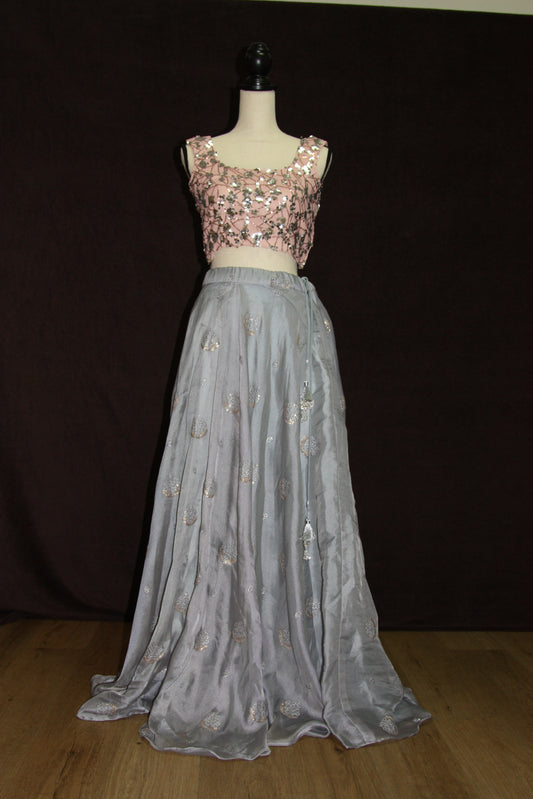 Grey Organza Lehenga with Self Thread Work Butti & Peach Sequin Blouse