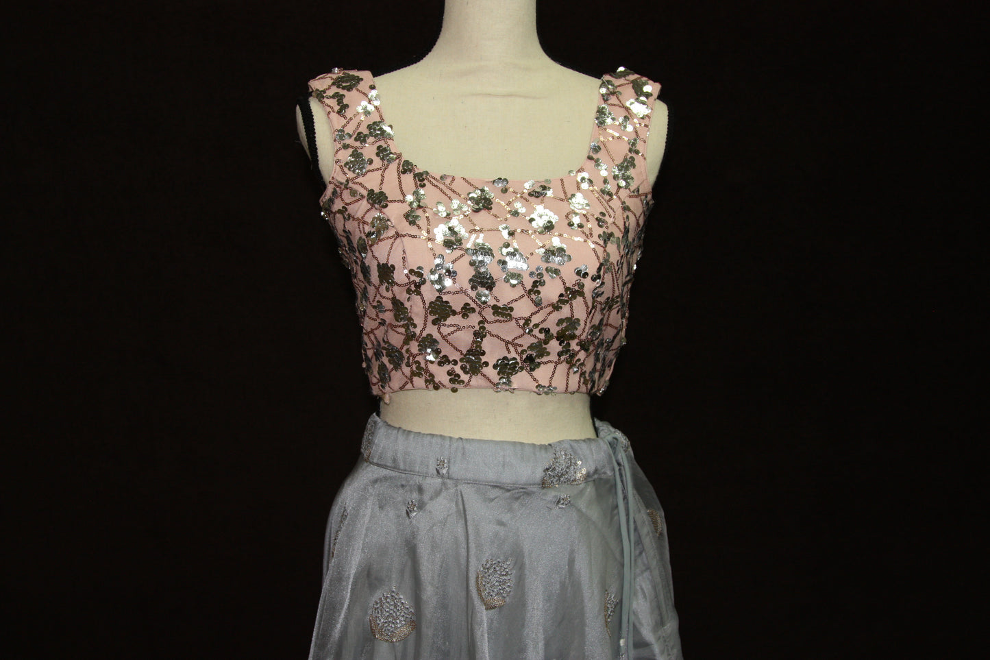Grey Organza Lehenga with Self Thread Work Butti & Peach Sequin Blouse